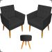 Kit 2 Poltronas Decorativas Nina Com Base E Capitonê + Puff Redondo Suede Preto Pé Castanho - Clique E Decore