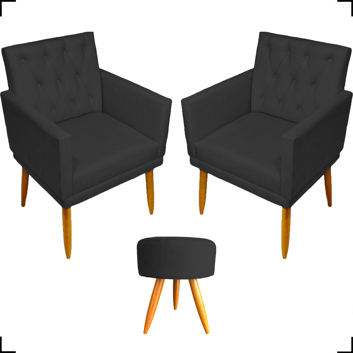 Kit 2 Poltronas Decorativas Nina Com Base E Capitonê + Puff Redondo Suede Preto Pé Castanho - Clique E Decore