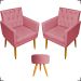 Kit 2 Poltronas Decorativas Nina Com Base E Capitonê + Puff Redondo Suede Rosê Pé Castanho - Clique E Decore