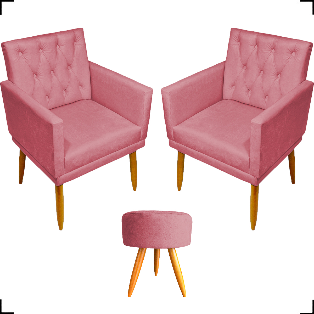 Kit 2 Poltronas Decorativas Nina Com Base E Capitonê + Puff Redondo Suede Rosê Pé Castanho - Clique E Decore