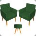 Kit 2 Poltronas Decorativas Nina Com Base E Capitonê + Puff Redondo Suede Verde Pé Castanho - Clique E Decore