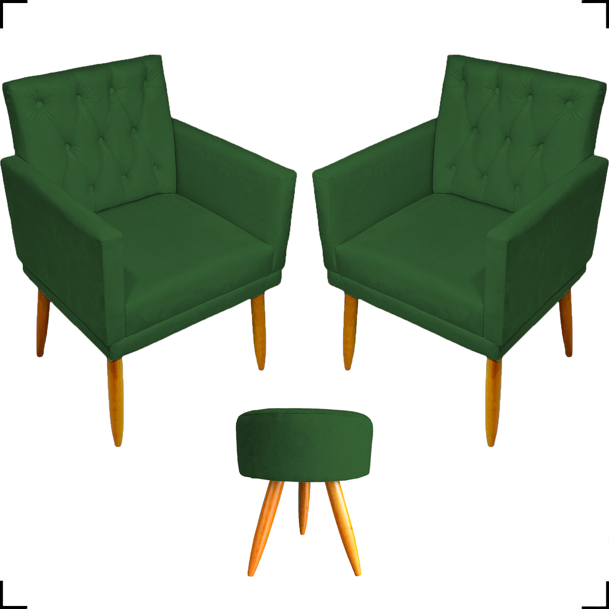 Kit 2 Poltronas Decorativas Nina Com Base E Capitonê + Puff Redondo Suede Verde Pé Castanho - Clique E Decore