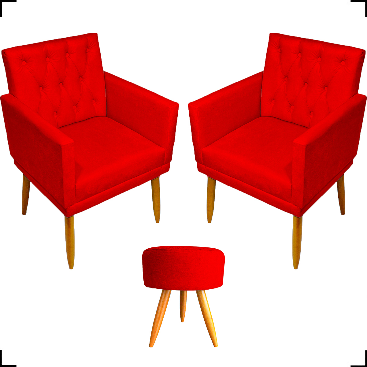 Kit 2 Poltronas Decorativas Nina Com Base E Capitonê + Puff Redondo Suede Vermelho Pé Castanho - Clique E Decore