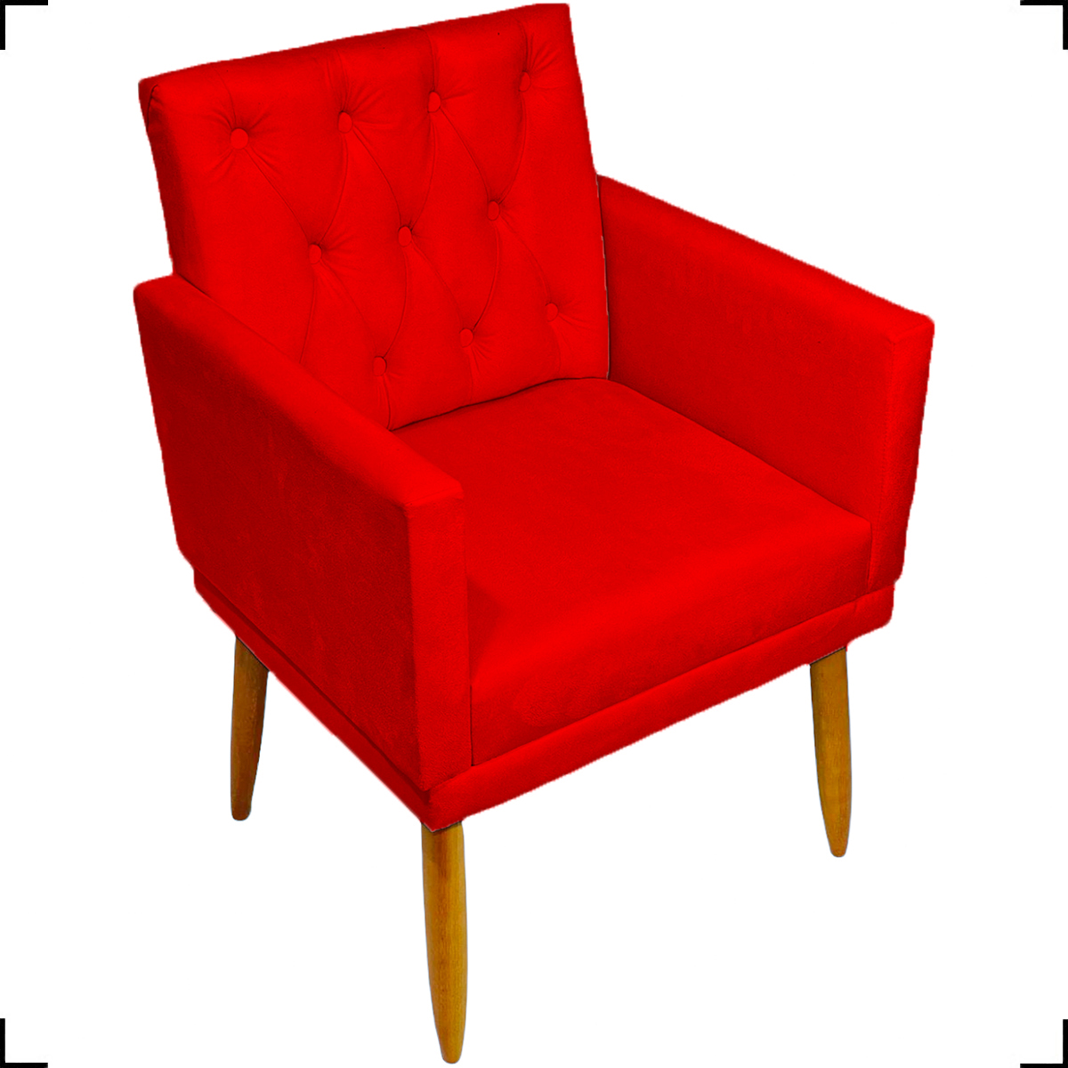 Kit 2 Poltronas Decorativas Nina Com Base E Capitonê + Puff Redondo Suede Vermelho Pé Castanho - Clique E Decore