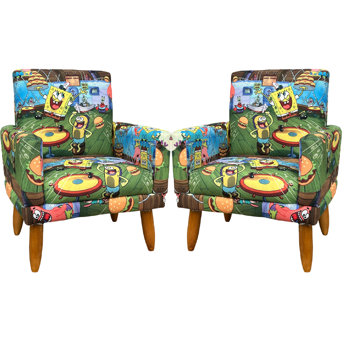 Kit 2 Poltronas Decorativas Nina Infantil Para Quarto Infantil Suede Estampa Bob Esponja Pé Castanho