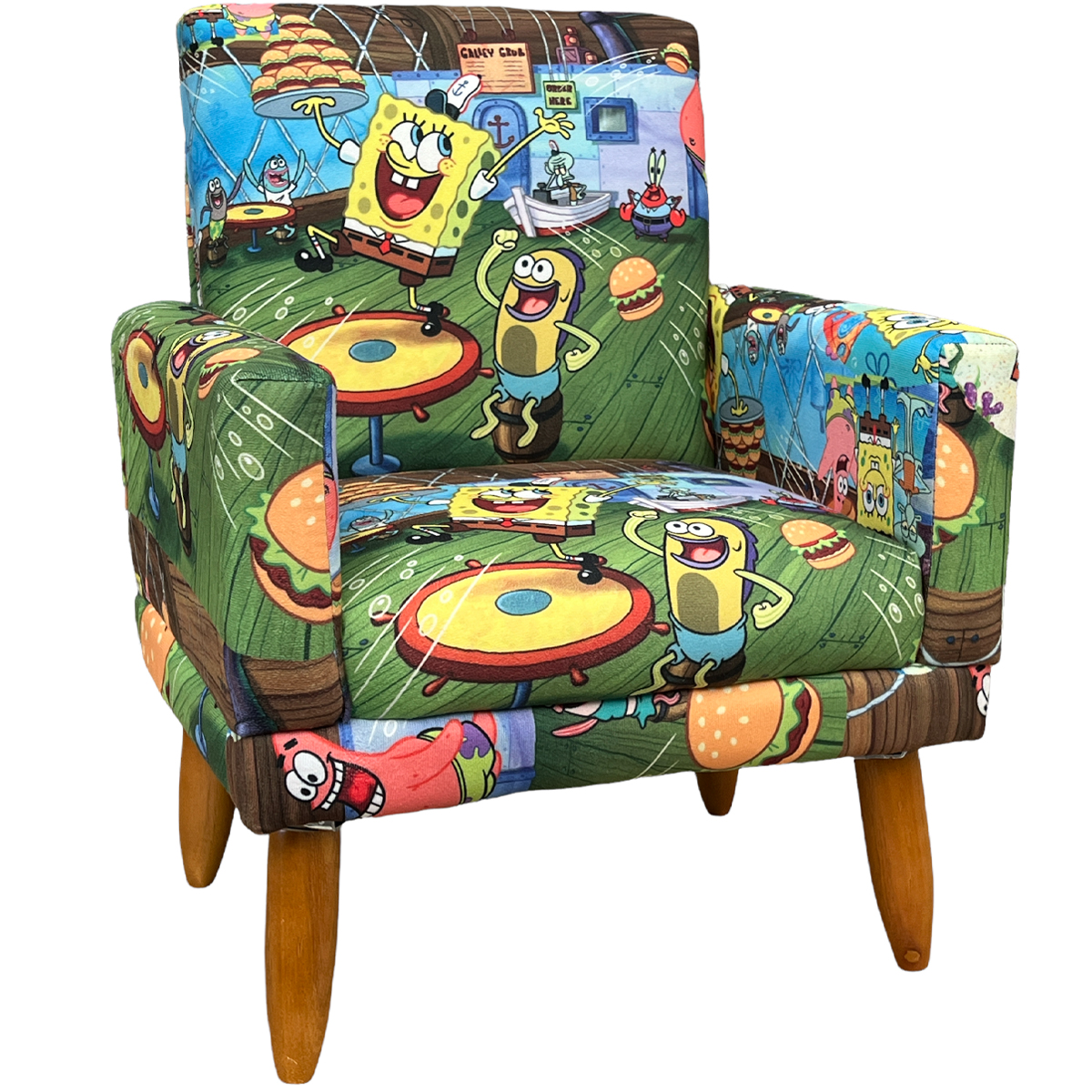 Kit 2 Poltronas Decorativas Nina Infantil Para Quarto Infantil Suede Estampa Bob Esponja Pé Castanho