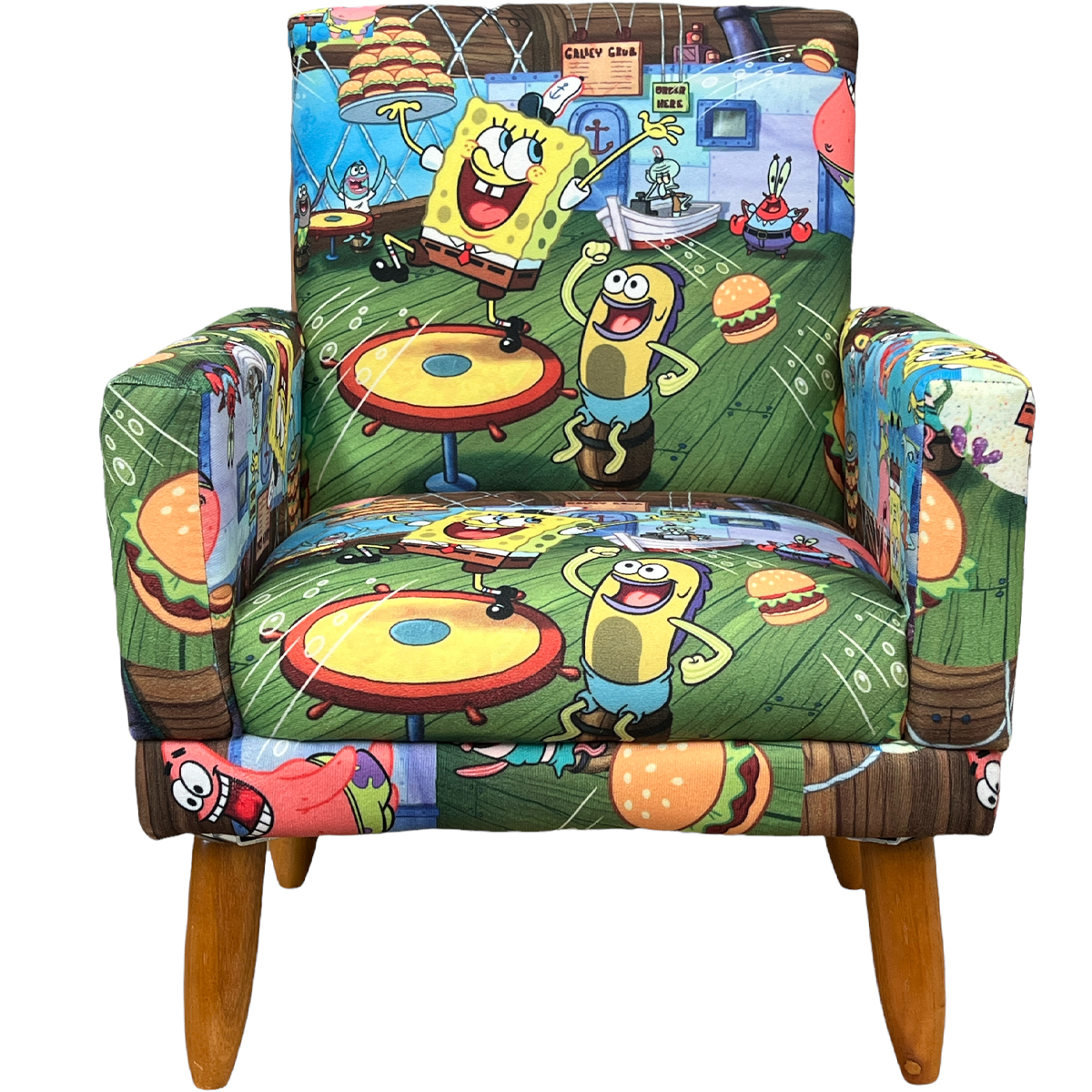 Kit 2 Poltronas Decorativas Nina Infantil Para Quarto Infantil Suede Estampa Bob Esponja Pé Castanho