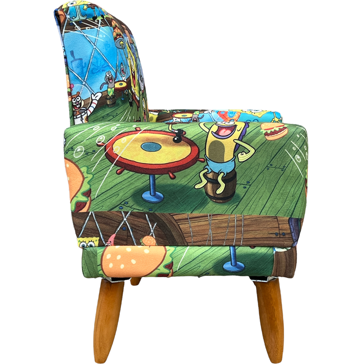 Kit 2 Poltronas Decorativas Nina Infantil Para Quarto Infantil Suede Estampa Bob Esponja Pé Castanho