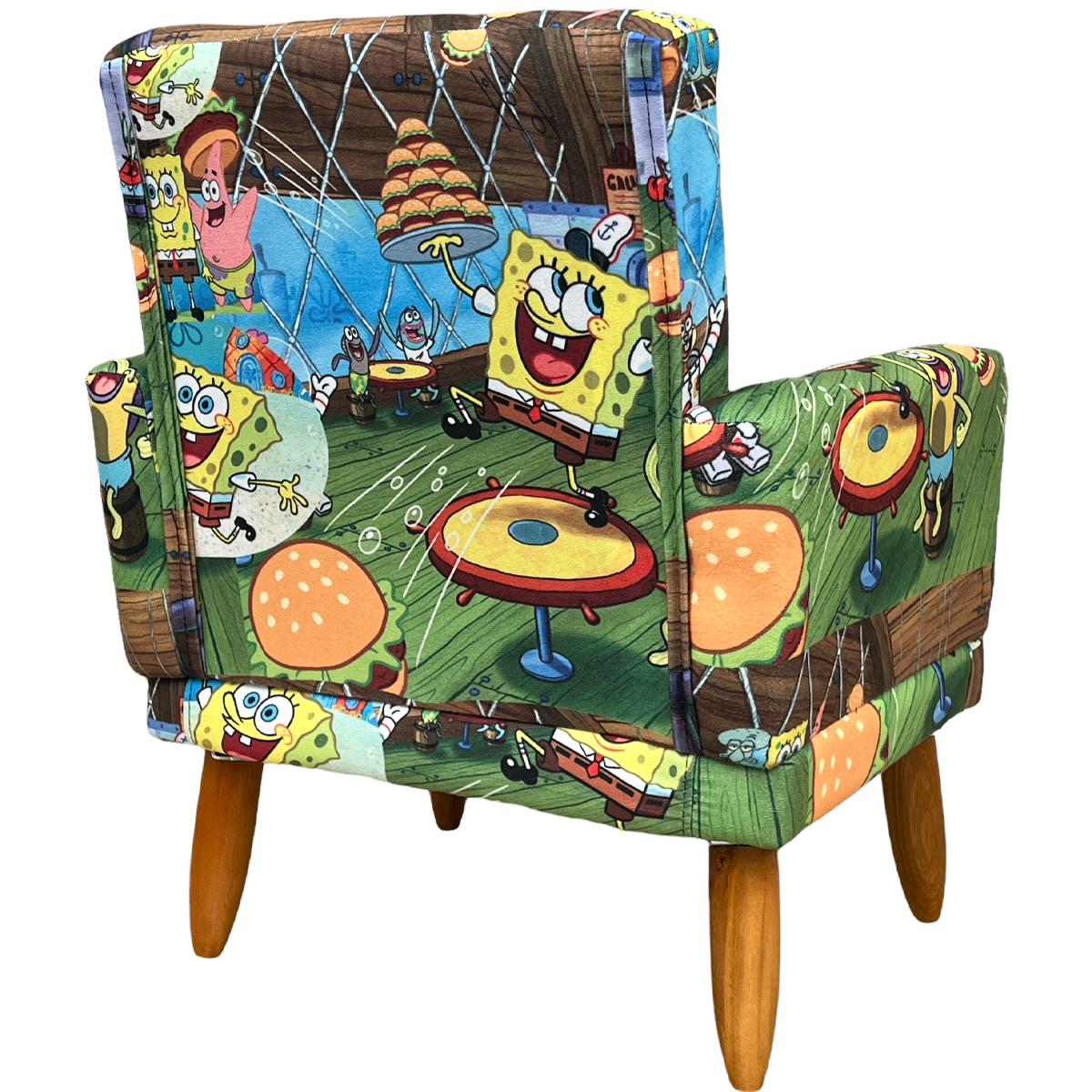 Kit 2 Poltronas Decorativas Nina Infantil Para Quarto Infantil Suede Estampa Bob Esponja Pé Castanho