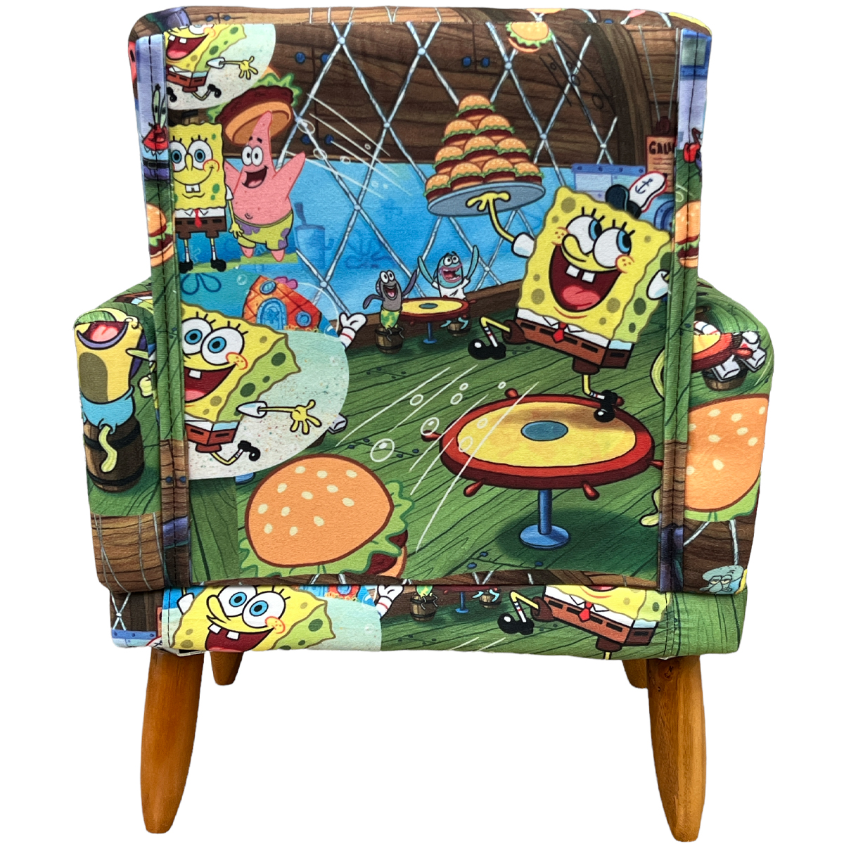 Kit 2 Poltronas Decorativas Nina Infantil Para Quarto Infantil Suede Estampa Bob Esponja Pé Castanho