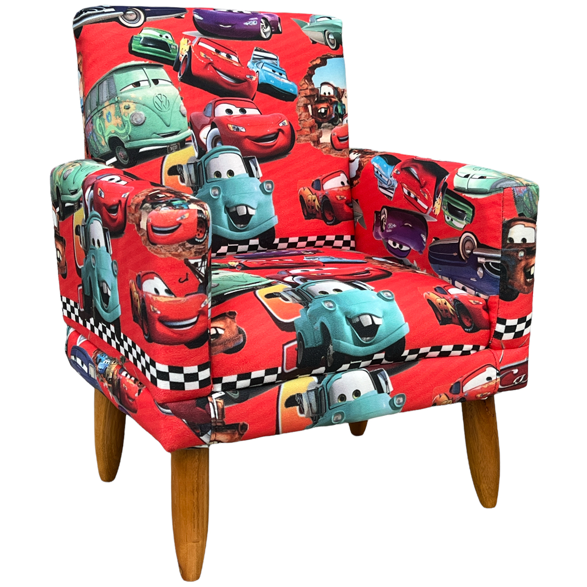 Kit 2 Poltronas Decorativas Nina Infantil Para Quarto Infantil Suede Estampa Carros Pé Castanho