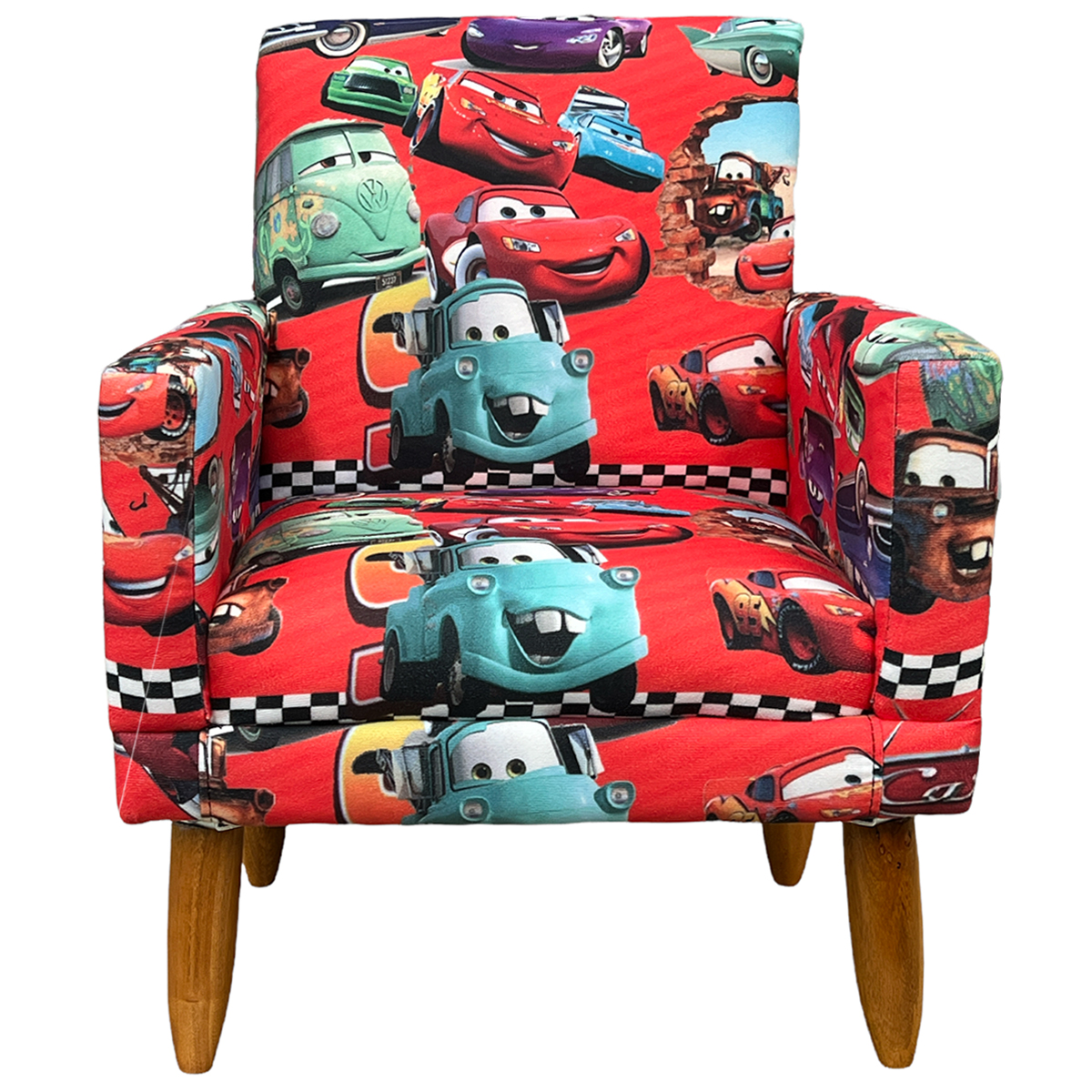 Kit 2 Poltronas Decorativas Nina Infantil Para Quarto Infantil Suede Estampa Carros Pé Castanho