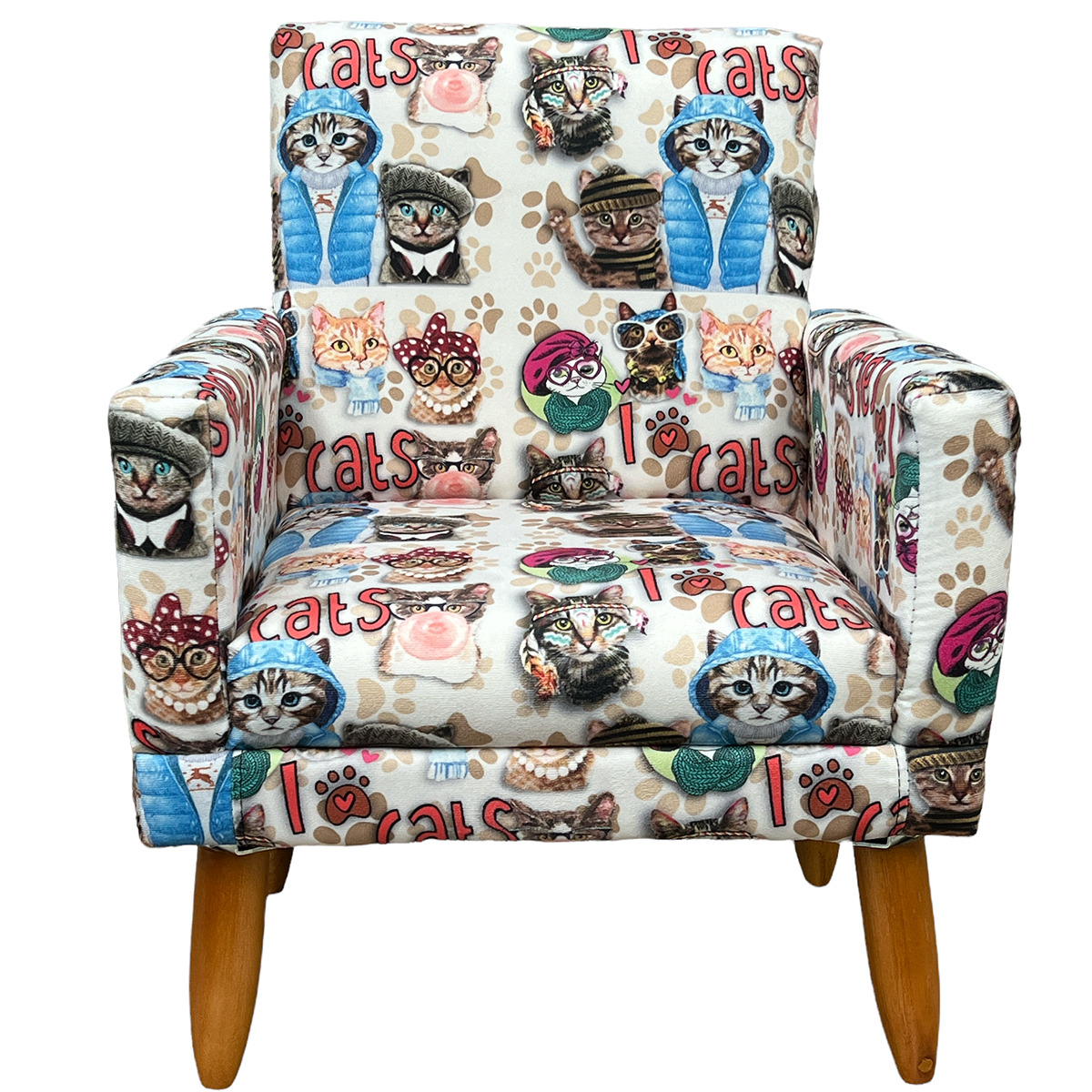 Kit 2 Poltronas Decorativas Nina Infantil Para Quarto Infantil Suede Estampa Gatos Pé Castanho