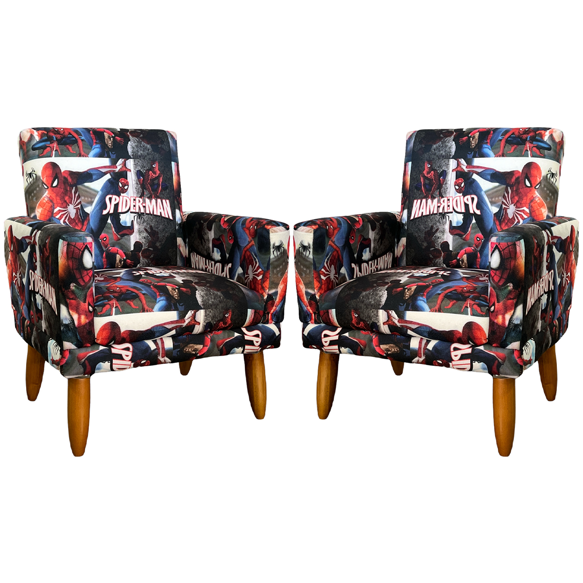 Kit 2 Poltronas Decorativas Nina Infantil Para Quarto Infantil Suede Estampa Homem Aranha Pé Castanho
