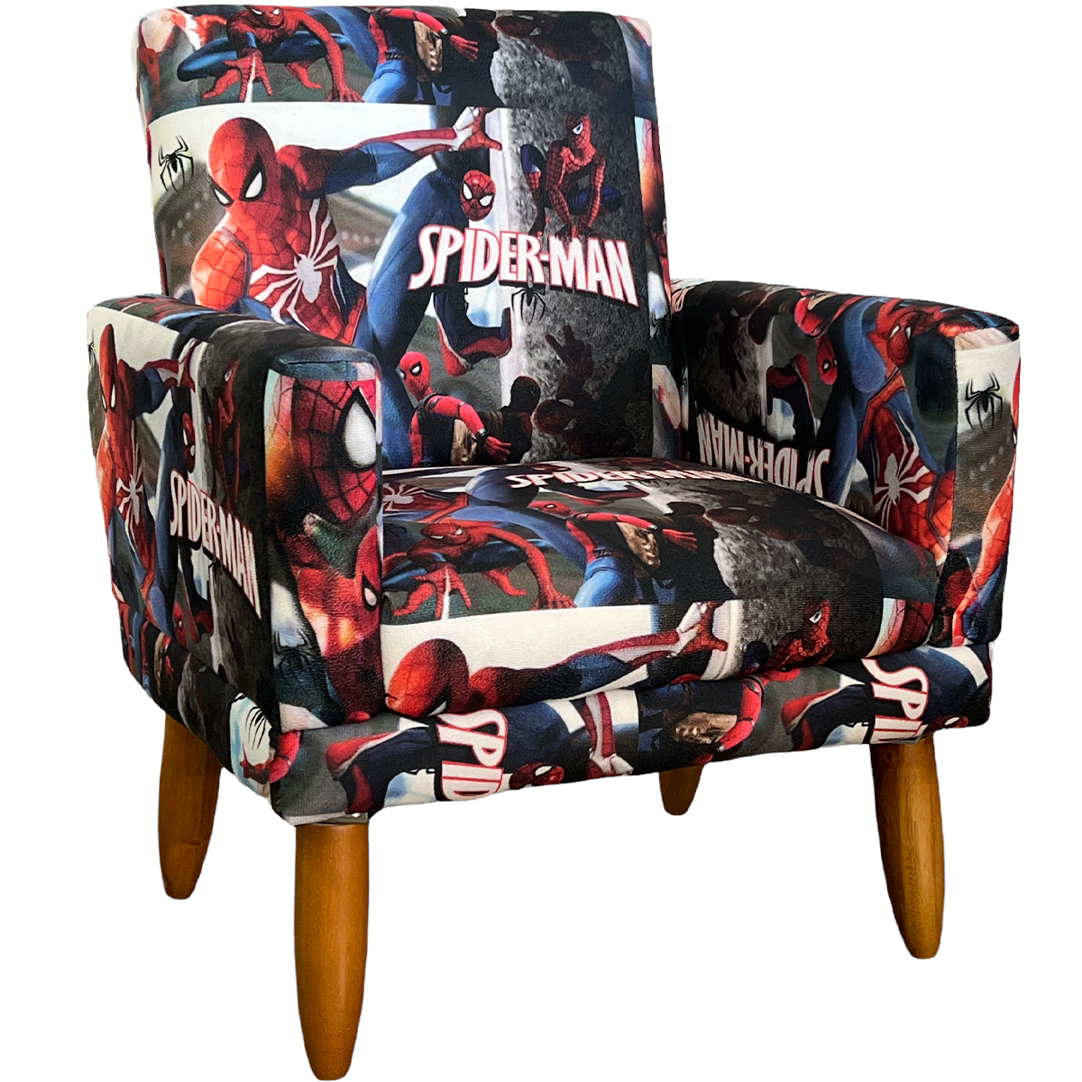 Kit 2 Poltronas Decorativas Nina Infantil Para Quarto Infantil Suede Estampa Homem Aranha Pé Castanho
