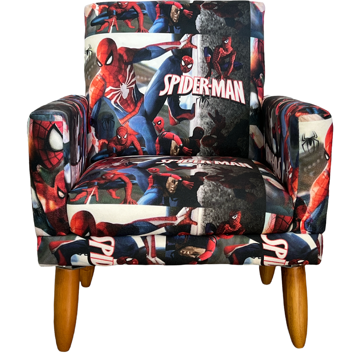 Kit 2 Poltronas Decorativas Nina Infantil Para Quarto Infantil Suede Estampa Homem Aranha Pé Castanho