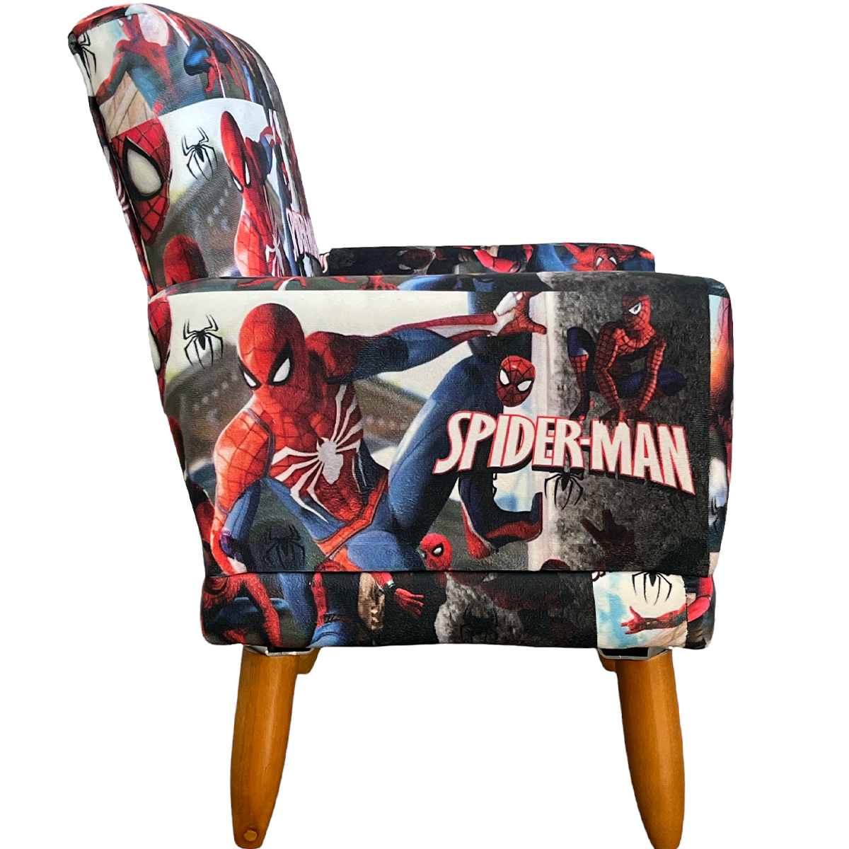 Kit 2 Poltronas Decorativas Nina Infantil Para Quarto Infantil Suede Estampa Homem Aranha Pé Castanho