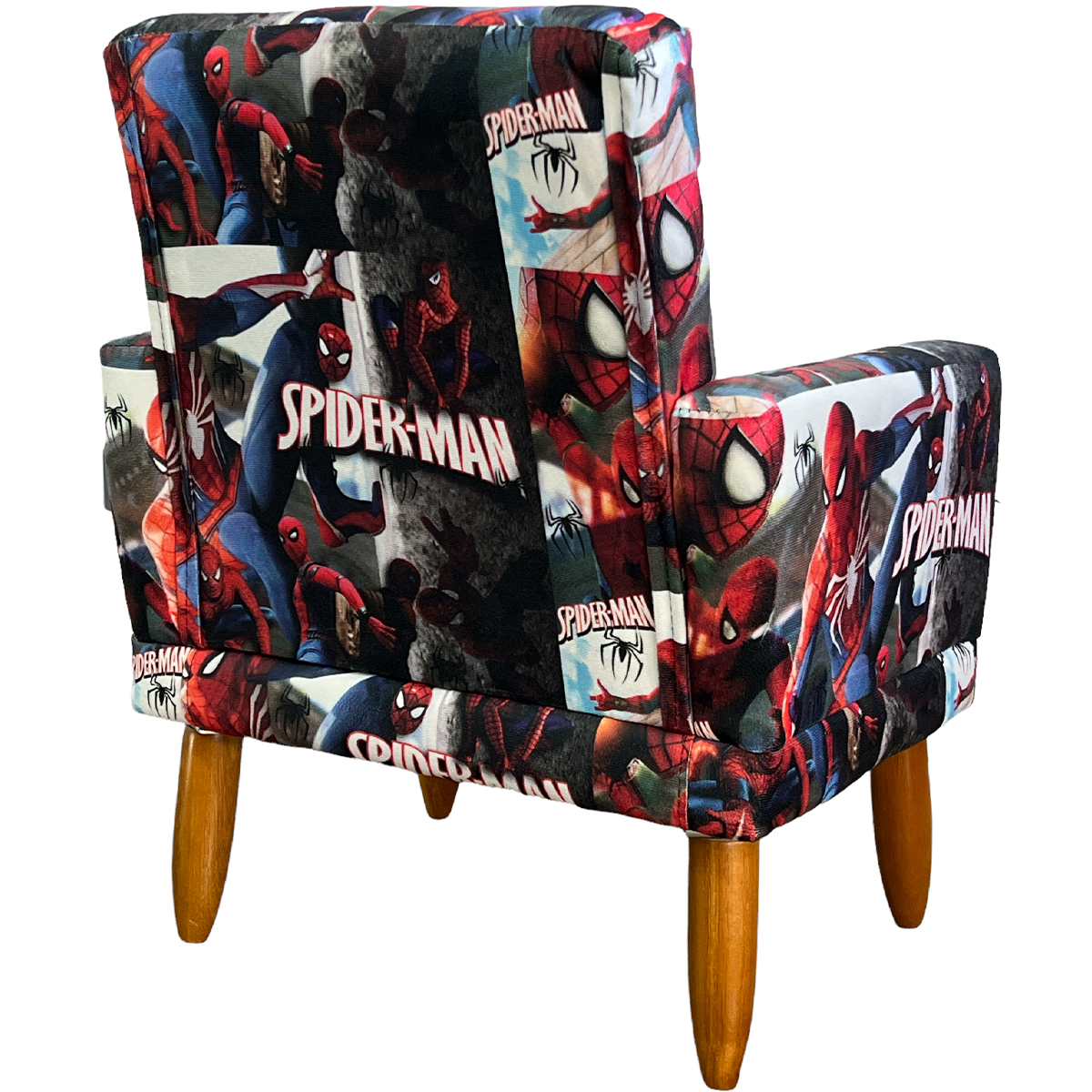 Kit 2 Poltronas Decorativas Nina Infantil Para Quarto Infantil Suede Estampa Homem Aranha Pé Castanho