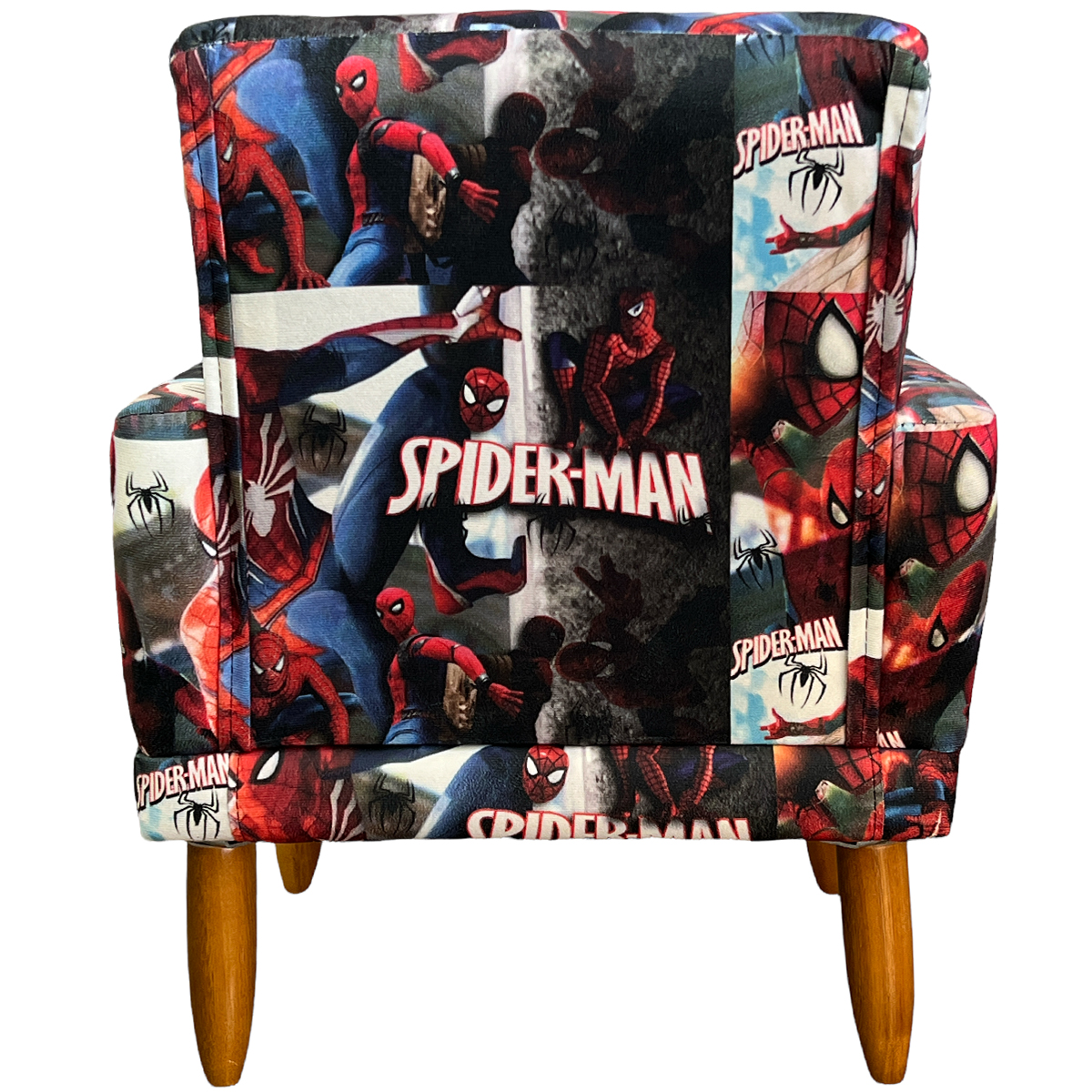 Kit 2 Poltronas Decorativas Nina Infantil Para Quarto Infantil Suede Estampa Homem Aranha Pé Castanho