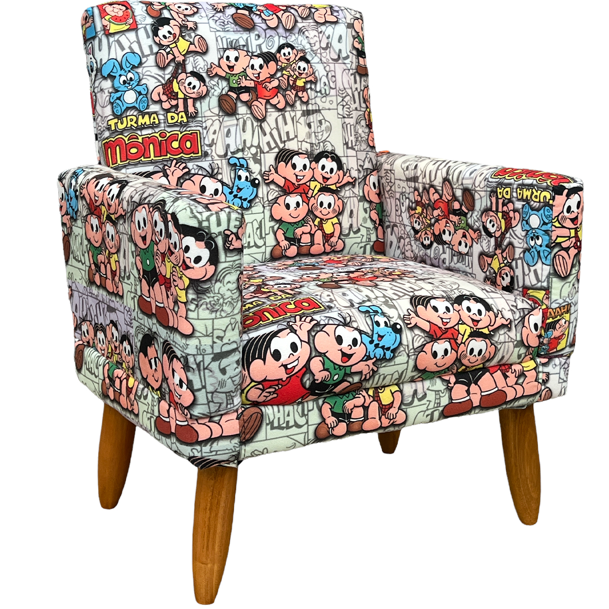 Kit 2 Poltronas Decorativas Nina Infantil Para Quarto Infantil Suede Estampa Turma da Monica Pé Castanho
