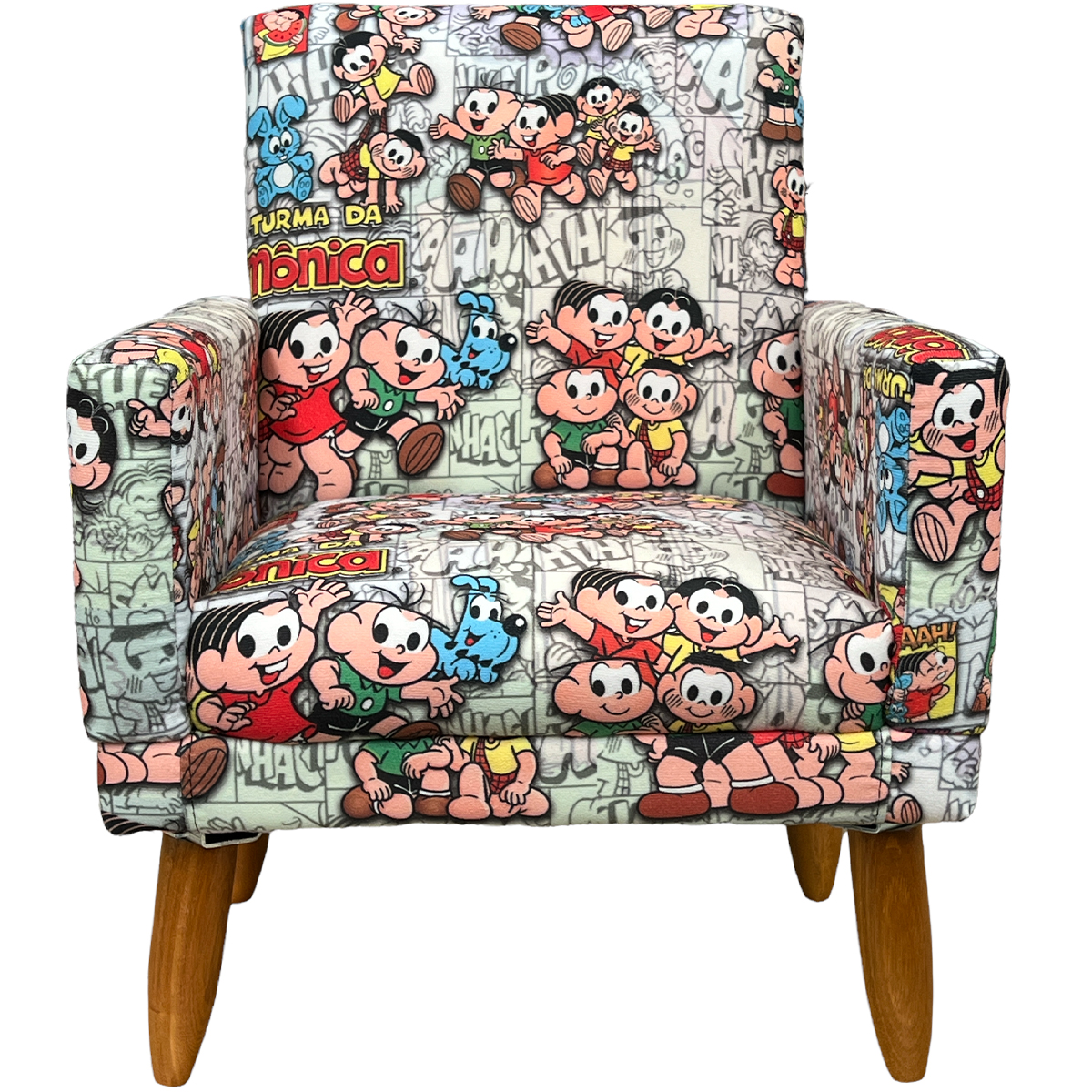 Kit 2 Poltronas Decorativas Nina Infantil Para Quarto Infantil Suede Estampa Turma da Monica Pé Castanho
