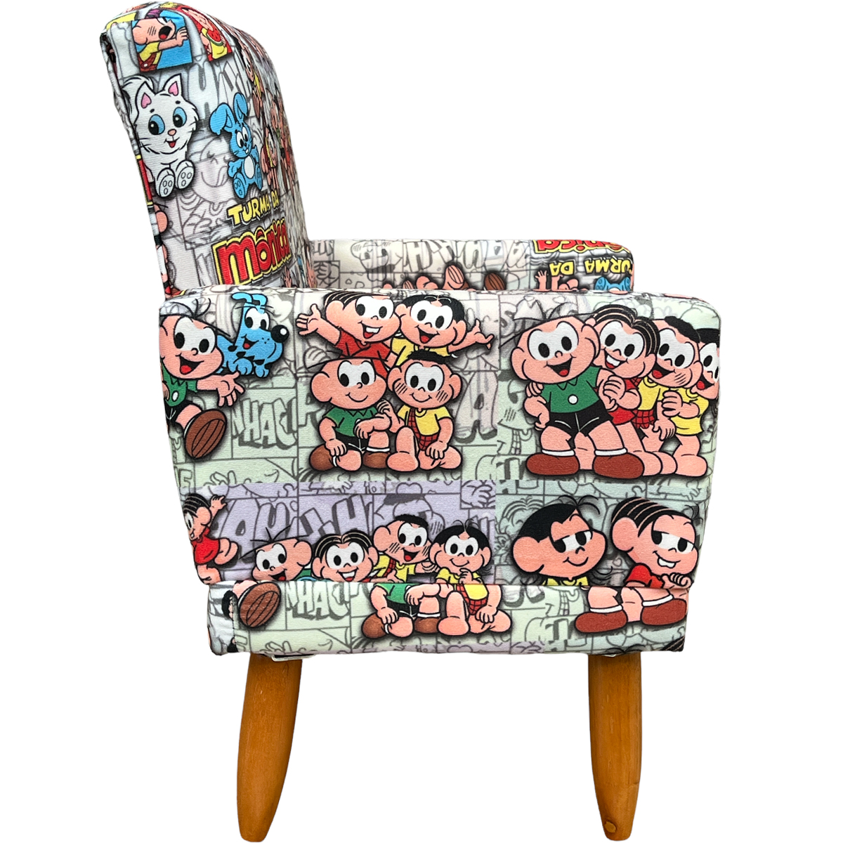 Kit 2 Poltronas Decorativas Nina Infantil Para Quarto Infantil Suede Estampa Turma da Monica Pé Castanho