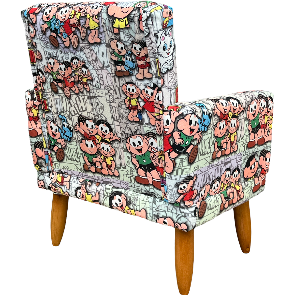 Kit 2 Poltronas Decorativas Nina Infantil Para Quarto Infantil Suede Estampa Turma da Monica Pé Castanho