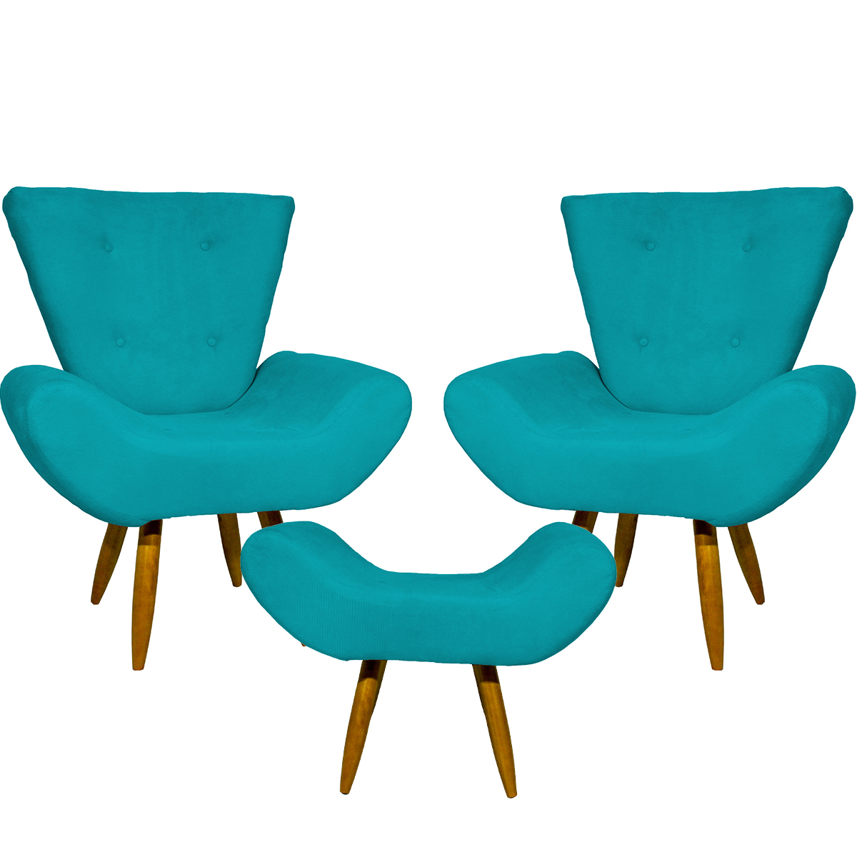 Kit 2 Poltronas Decorativas Para Sala Emilia + Puff Emilia Suede Azul Turquesa Pé Castanho - Clique E Decore