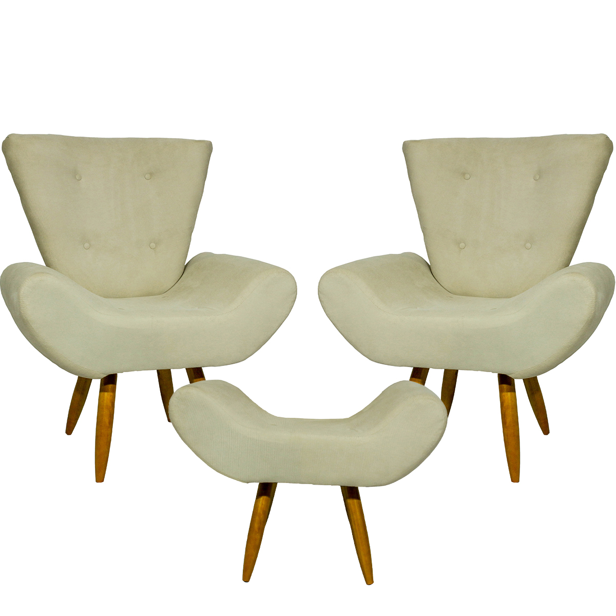 Kit 2 Poltronas Decorativas Para Sala Emilia + Puff Emilia Suede Bege Pé Castanho - Clique E Decore