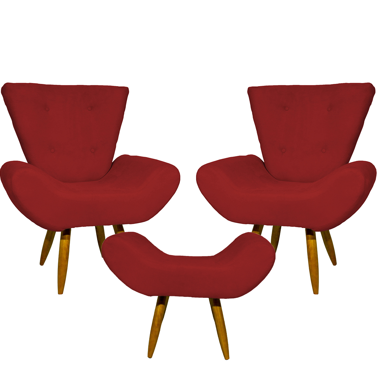 Kit 2 Poltronas Decorativas Para Sala Emilia + Puff Emilia Suede Bordô Pé Castanho - Clique E Decore