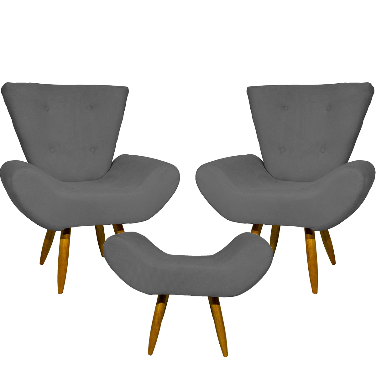 Kit 2 Poltronas Decorativas Para Sala Emilia + Puff Emilia Suede Cinza Pé Castanho - Clique E Decore