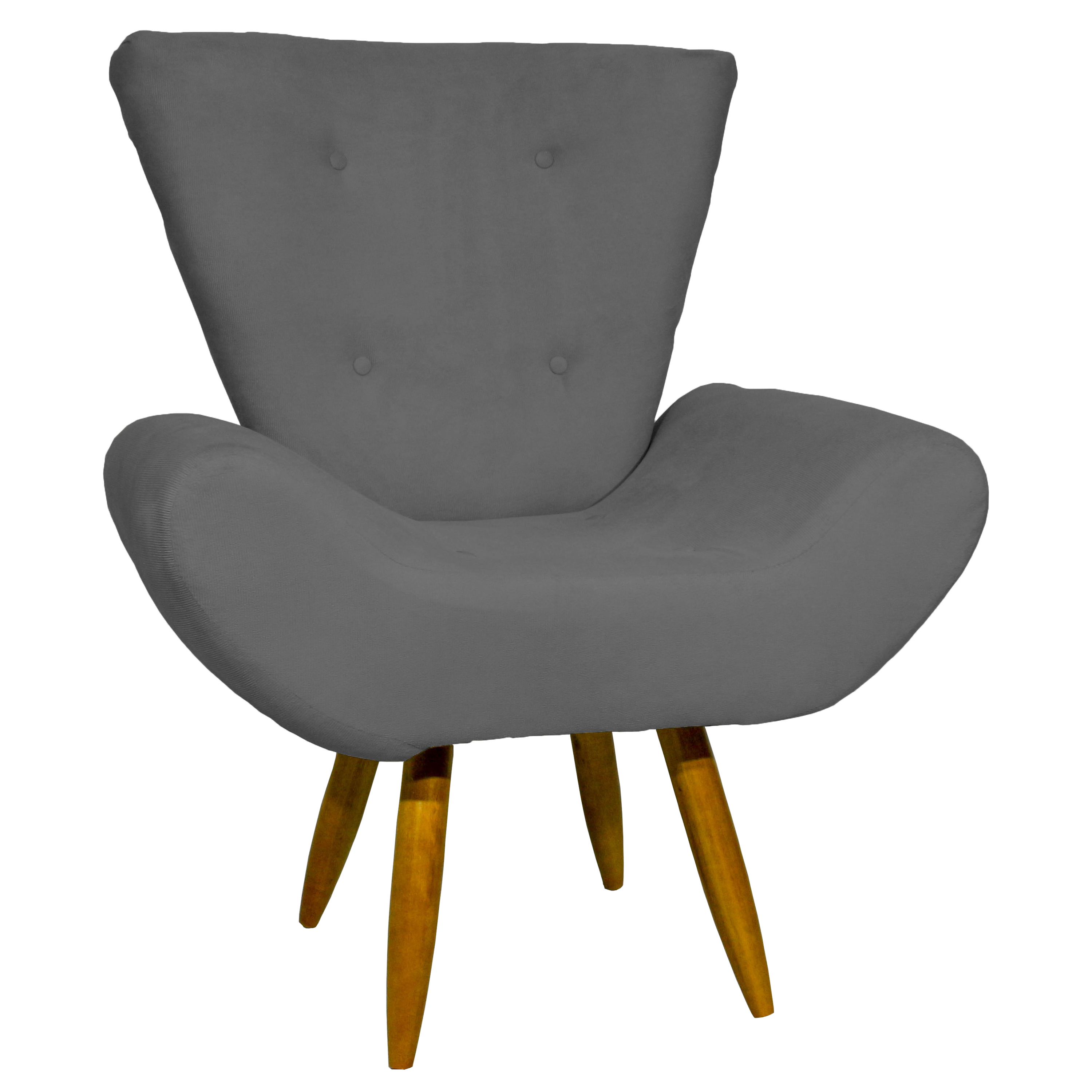 Kit 2 Poltronas Decorativas Para Sala Emilia + Puff Emilia Suede Cinza Pé Castanho - Clique E Decore