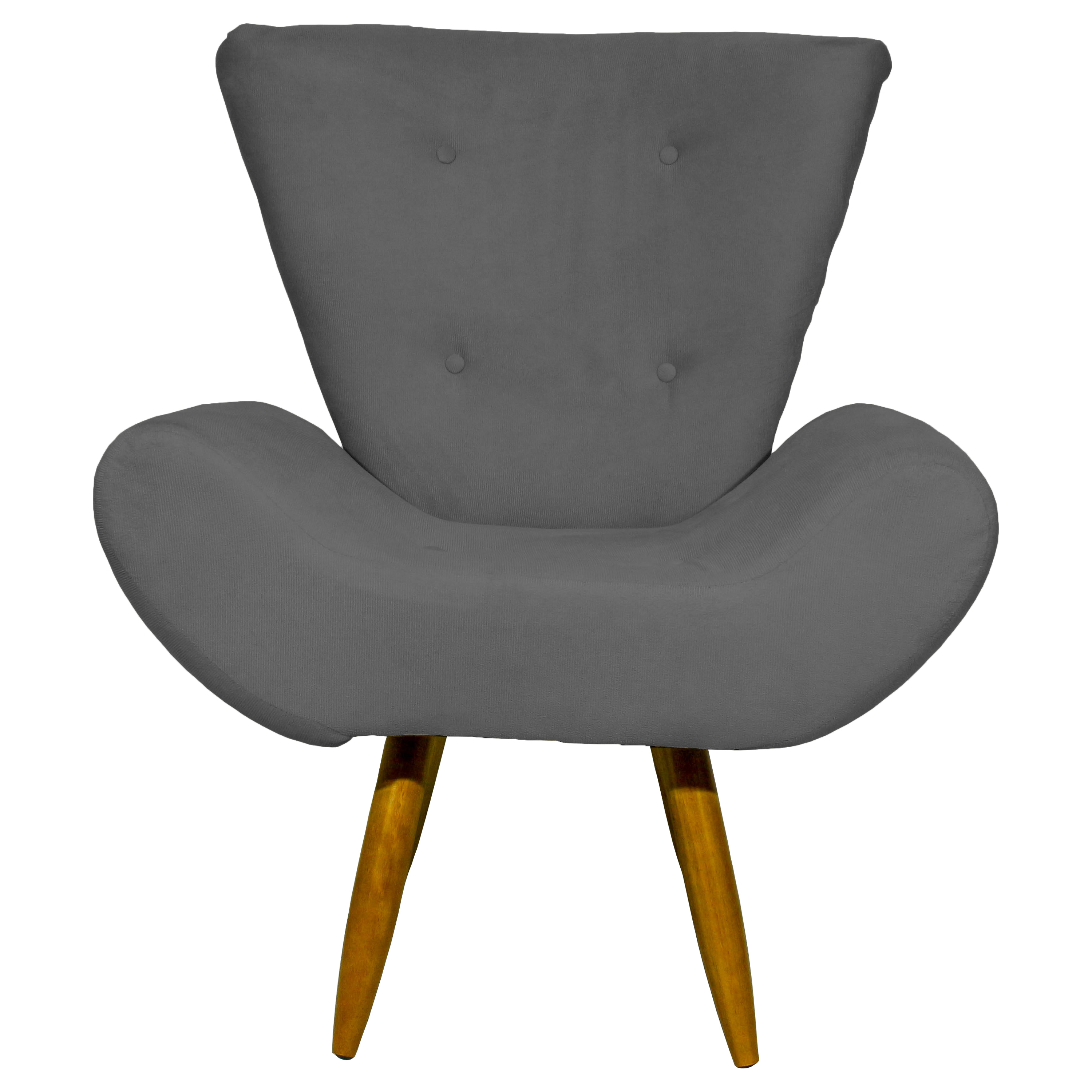 Kit 2 Poltronas Decorativas Para Sala Emilia + Puff Emilia Suede Cinza Pé Castanho - Clique E Decore