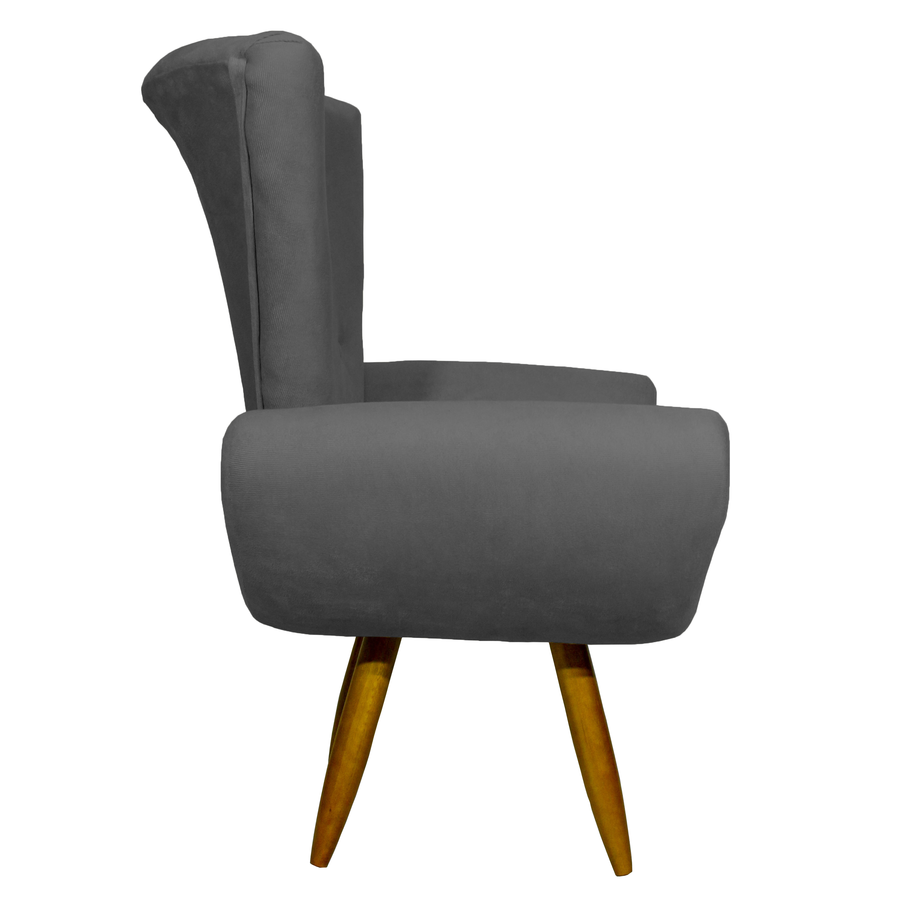 Kit 2 Poltronas Decorativas Para Sala Emilia + Puff Emilia Suede Cinza Pé Castanho - Clique E Decore