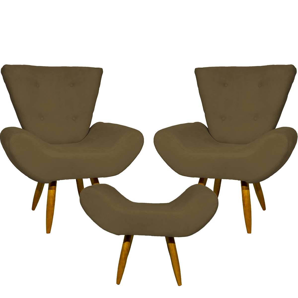 Kit 2 Poltronas Decorativas Para Sala Emilia + Puff Emilia Suede Marrom Pé Castanho - Clique E Decore