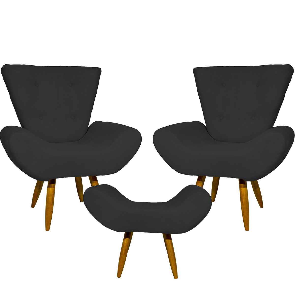 Kit 2 Poltronas Decorativas Para Sala Emilia + Puff Emilia Suede Preto Pé Castanho - Clique E Decore