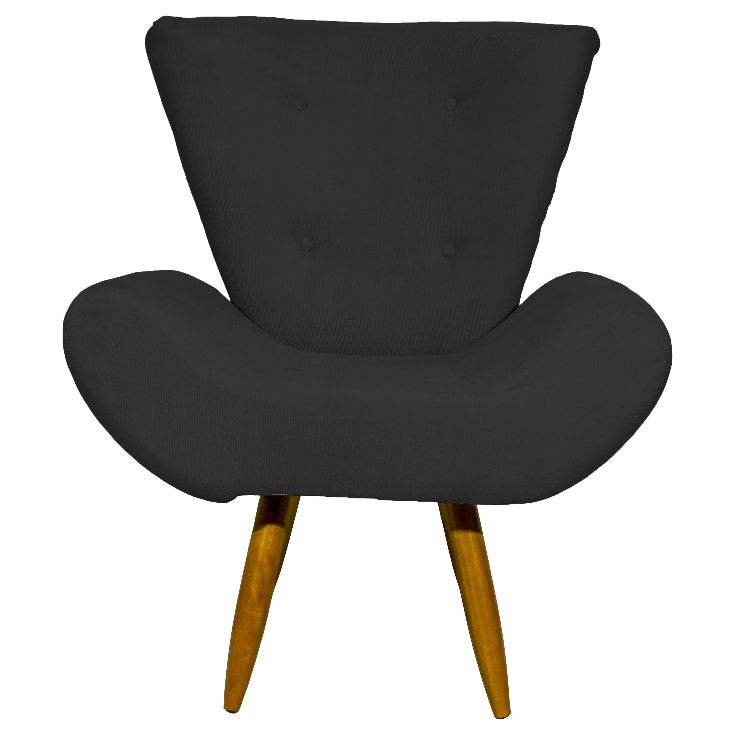 Kit 2 Poltronas Decorativas Para Sala Emilia + Puff Emilia Suede Preto Pé Castanho - Clique E Decore