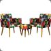 Kit 2 Poltronas Decorativas Para Sala Nina + Puff Estampa Triângulo Colorido Pé Castanho - Clique E Decore