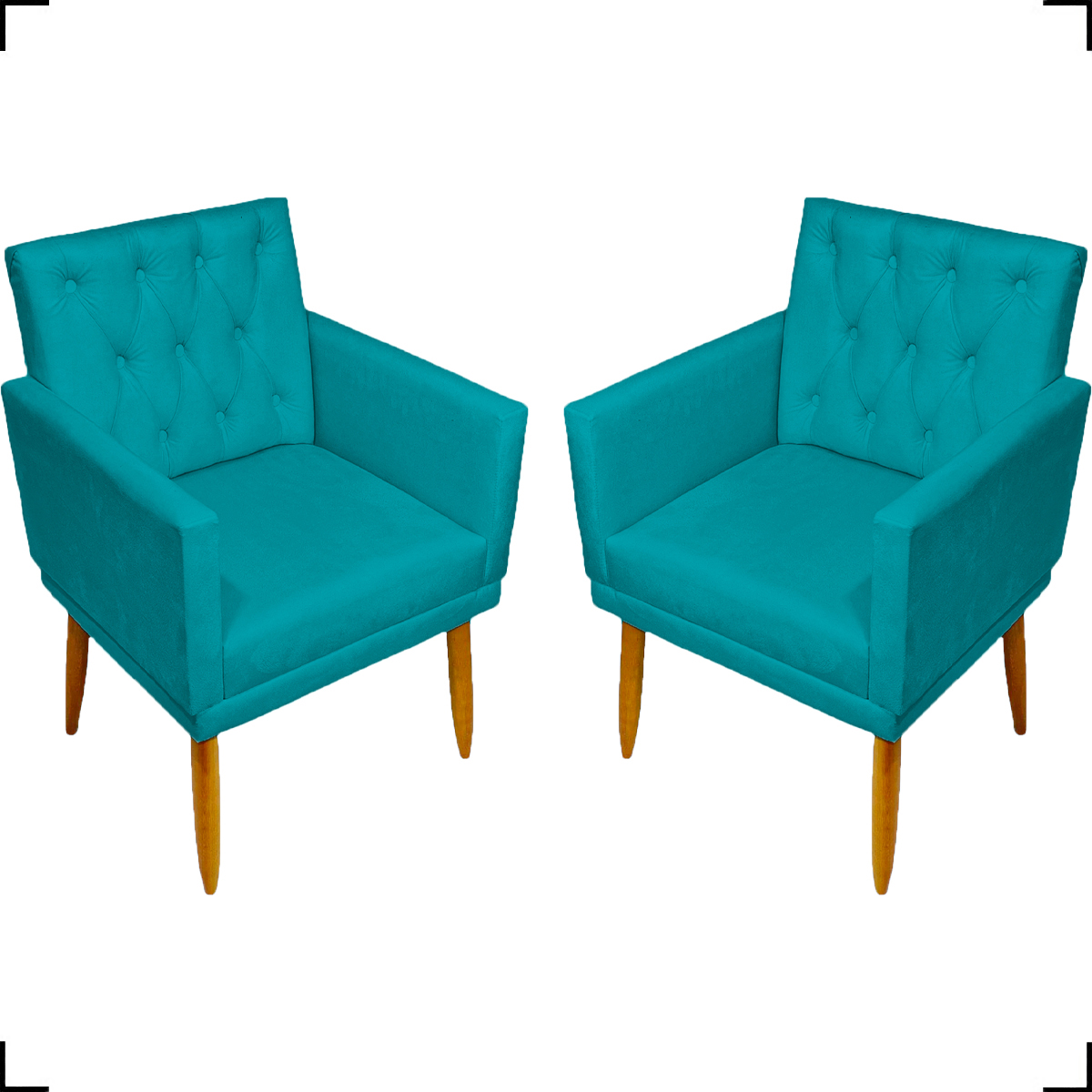 Kit 2 Poltronas Decorativas Para Sala Nina Com Base E Capitonê Suede Azul Turquesa Pé Castanho - Clique E Decore