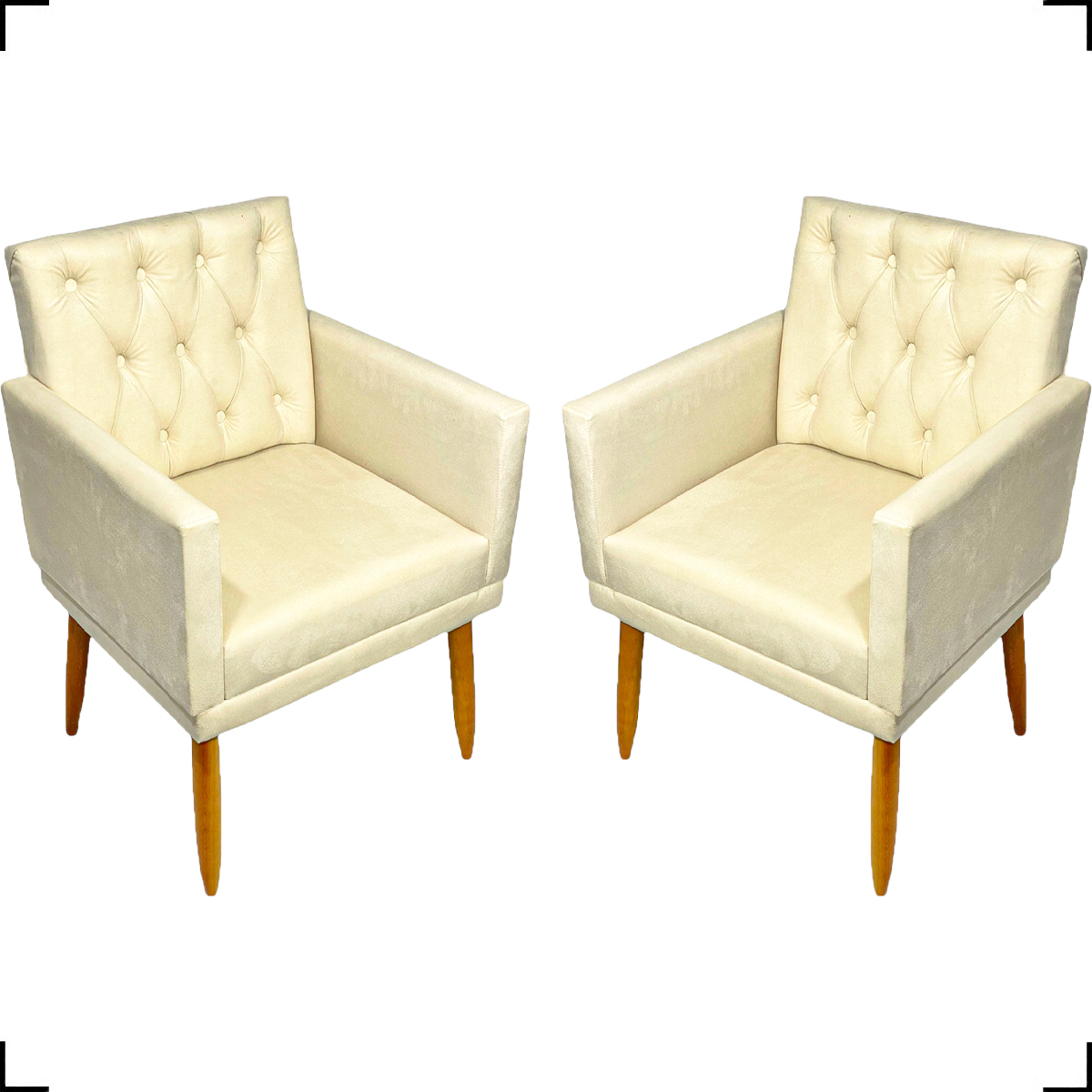 Kit 2 Poltronas Decorativas Para Sala Nina Com Base E Capitonê Suede Bege Pé Castanho - Clique E Decore