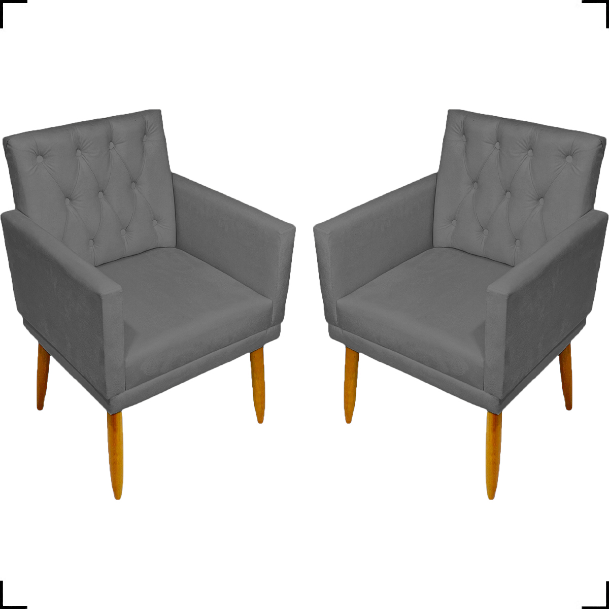 Kit 2 Poltronas Decorativas Para Sala Nina Com Base E Capitonê Suede Cinza Pé Castanho - Clique E Decore