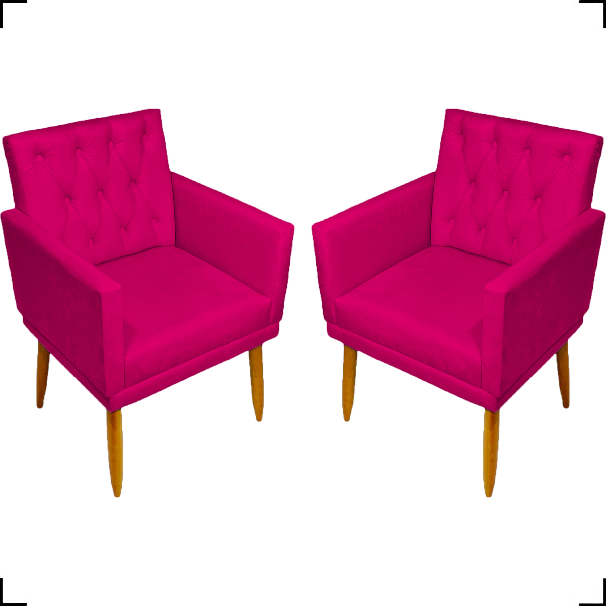 Kit 2 Poltronas Decorativas Para Sala Nina Com Base E Capitonê Suede Pink Pé Castanho - Clique E Decore