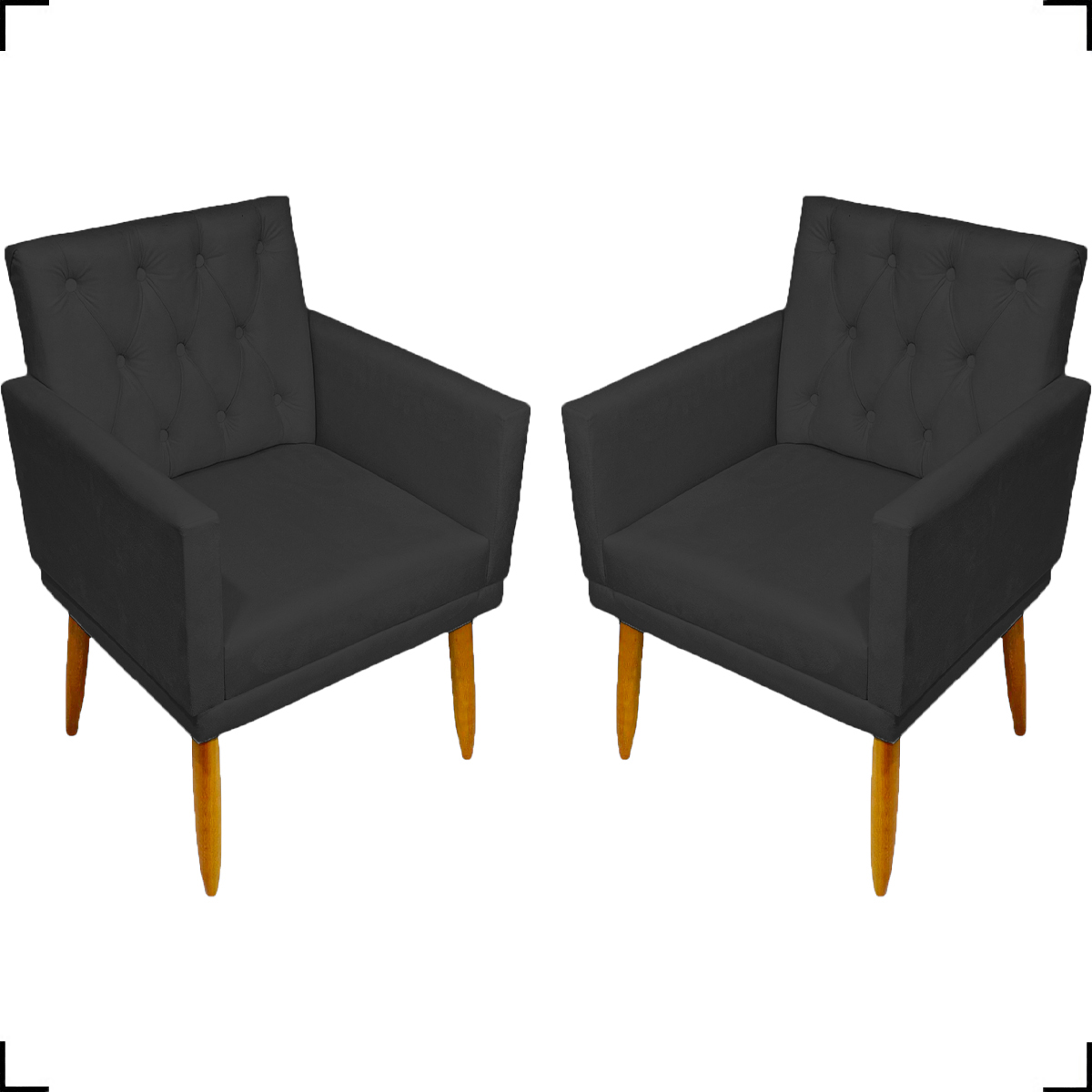 Kit 2 Poltronas Decorativas Para Sala Nina Com Base E Capitonê Suede Preto Pé Castanho - Clique E Decore