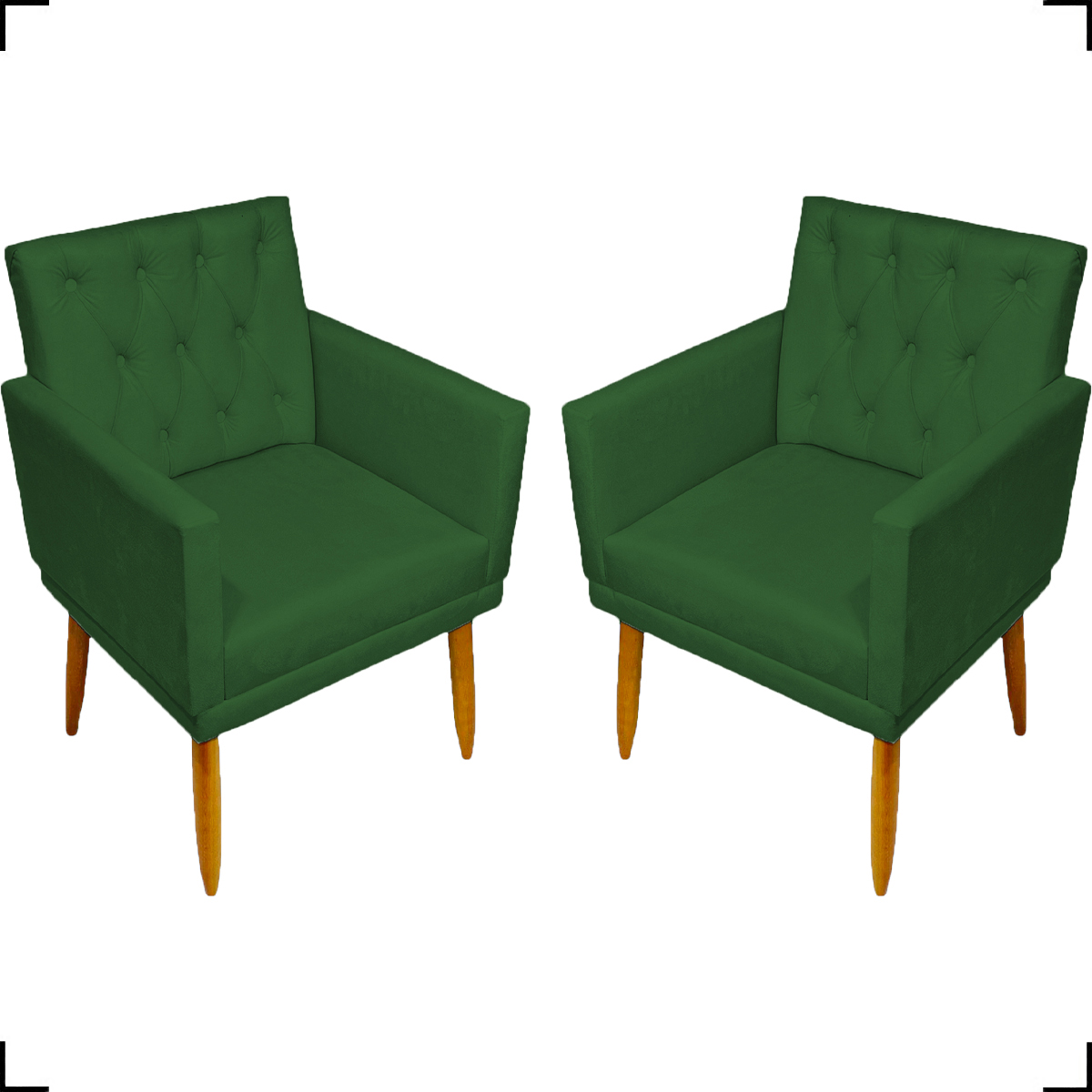 Kit 2 Poltronas Decorativas Para Sala Nina Com Base E Capitonê Suede Verde Pé Castanho - Clique E Decore