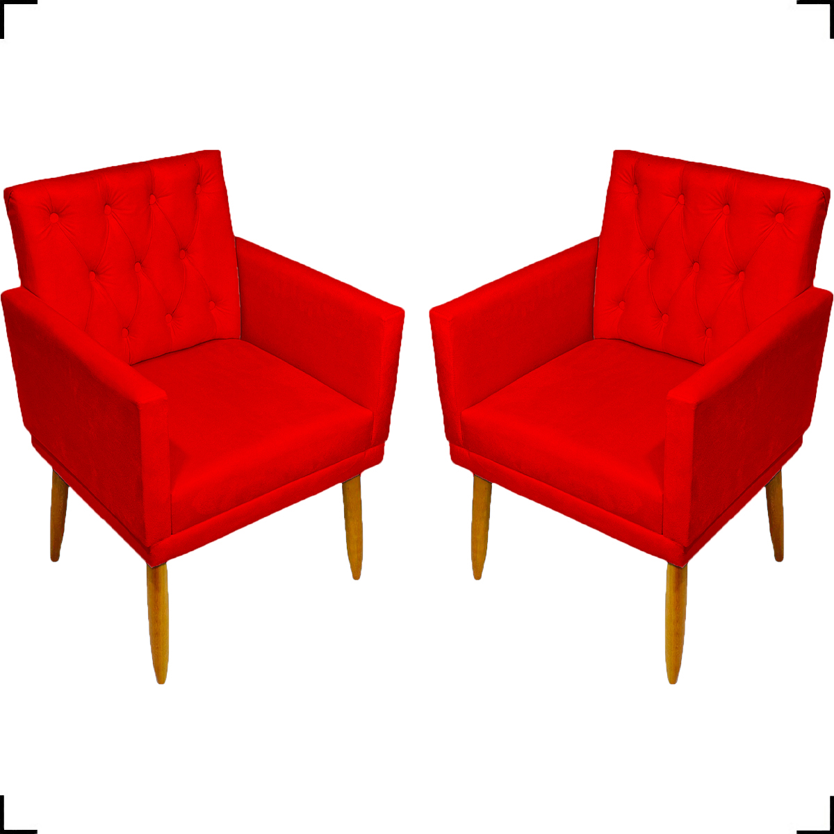 Kit 2 Poltronas Decorativas Para Sala Nina Com Base E Capitonê Suede Vermelho Pé Castanho - Clique E Decore