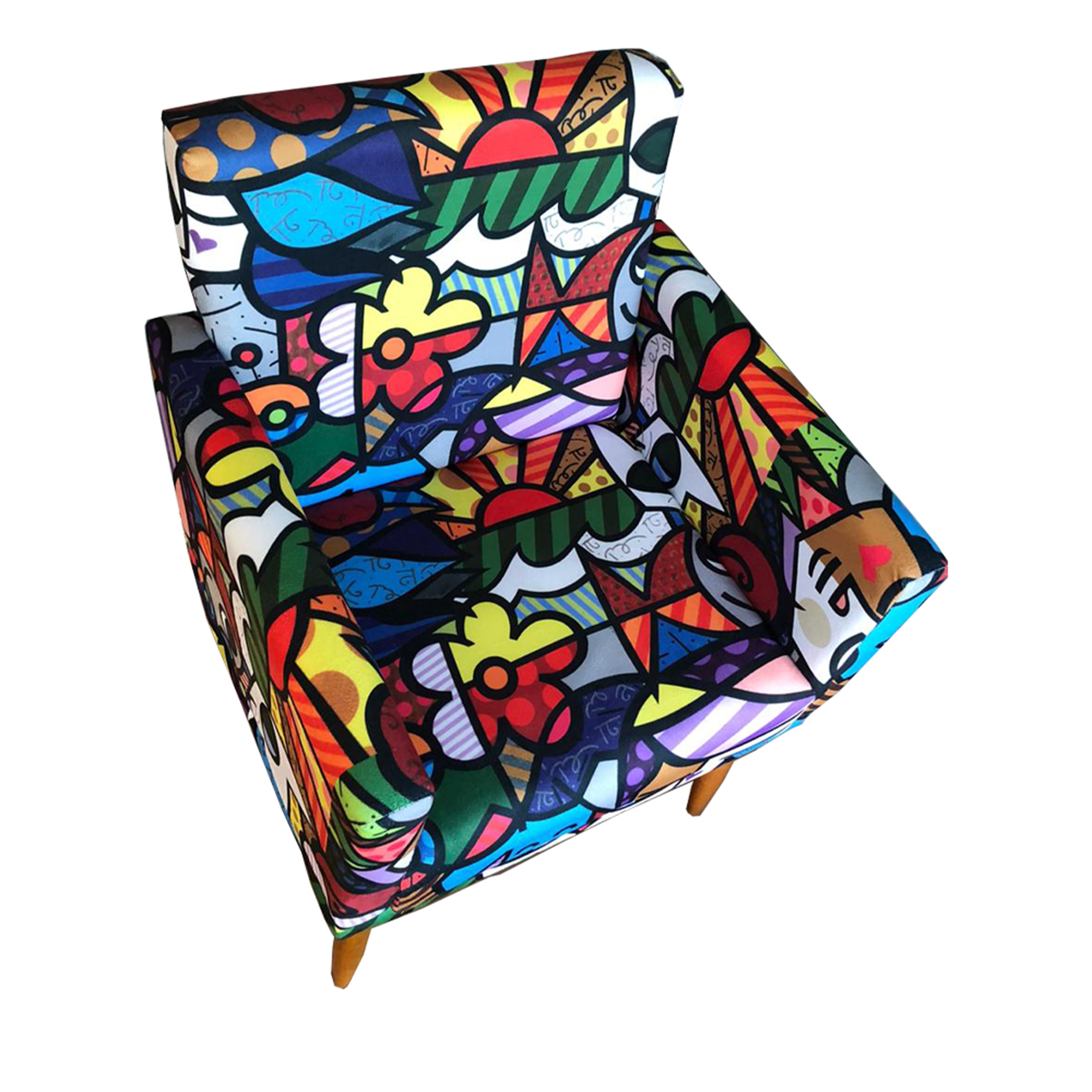 Kit 2 Poltronas Decorativas Para Sala Nina Com Base Estampa Romero Brito Pé Castanho - Clique E Decore