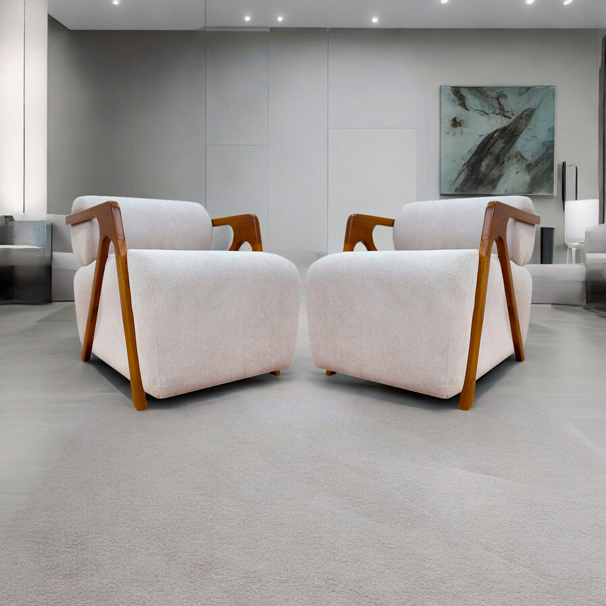 Kit 2 Poltronas Decorativas Para Sala Recepção Confortável Em Madeira Maciça Chloe Bouclé Bege