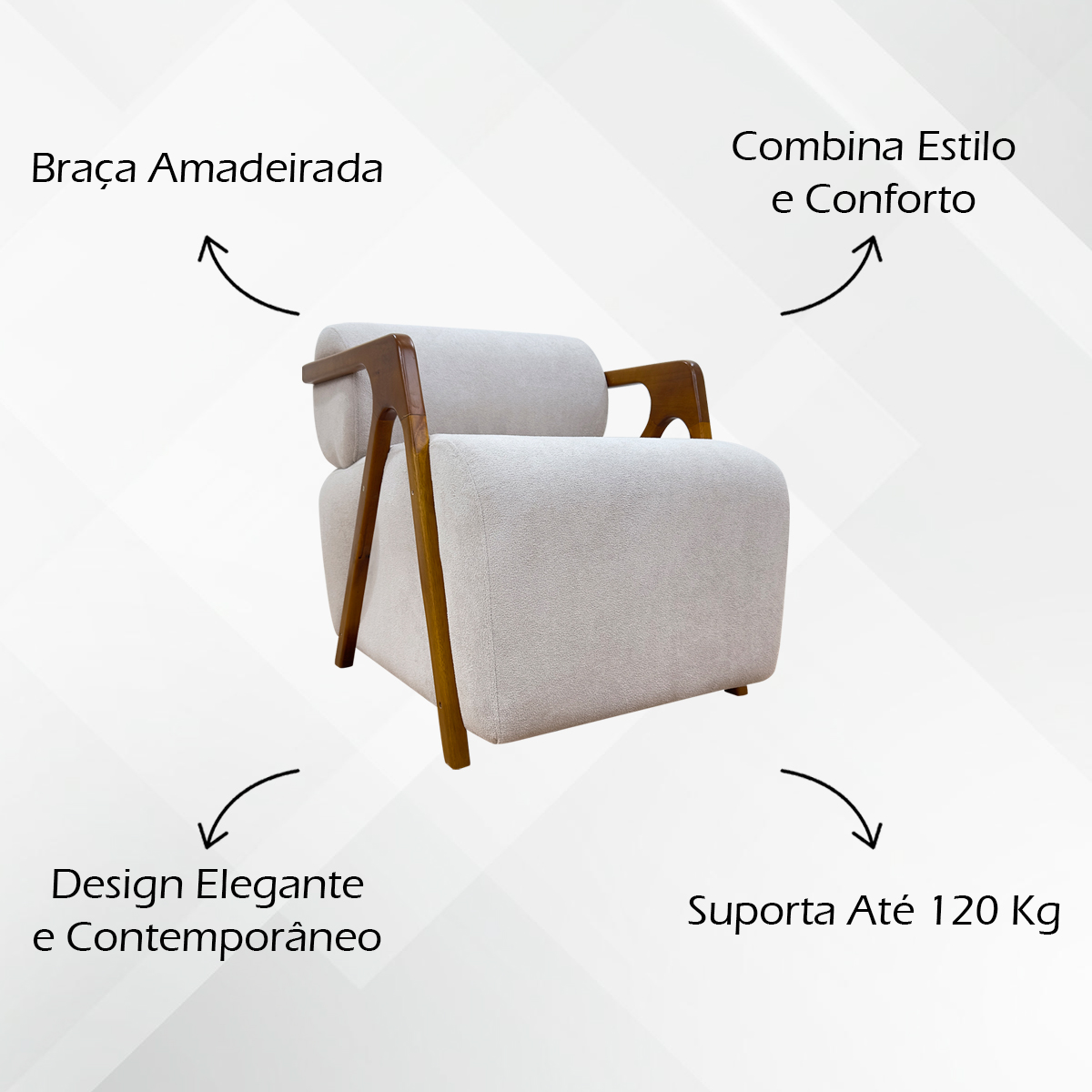 Kit 2 Poltronas Decorativas Para Sala Recepção Confortável Em Madeira Maciça Chloe Bouclé Bege