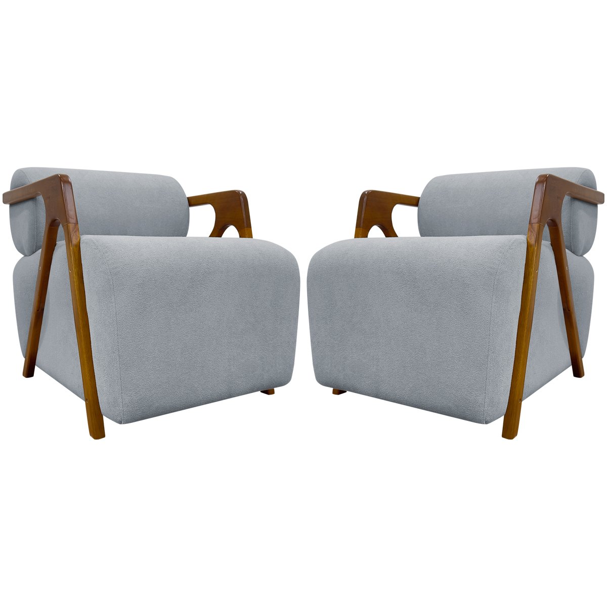 Kit 2 Poltronas Decorativas Para Sala Recepção Confortável Em Madeira Maciça Chloe Bouclé Premium Cinza