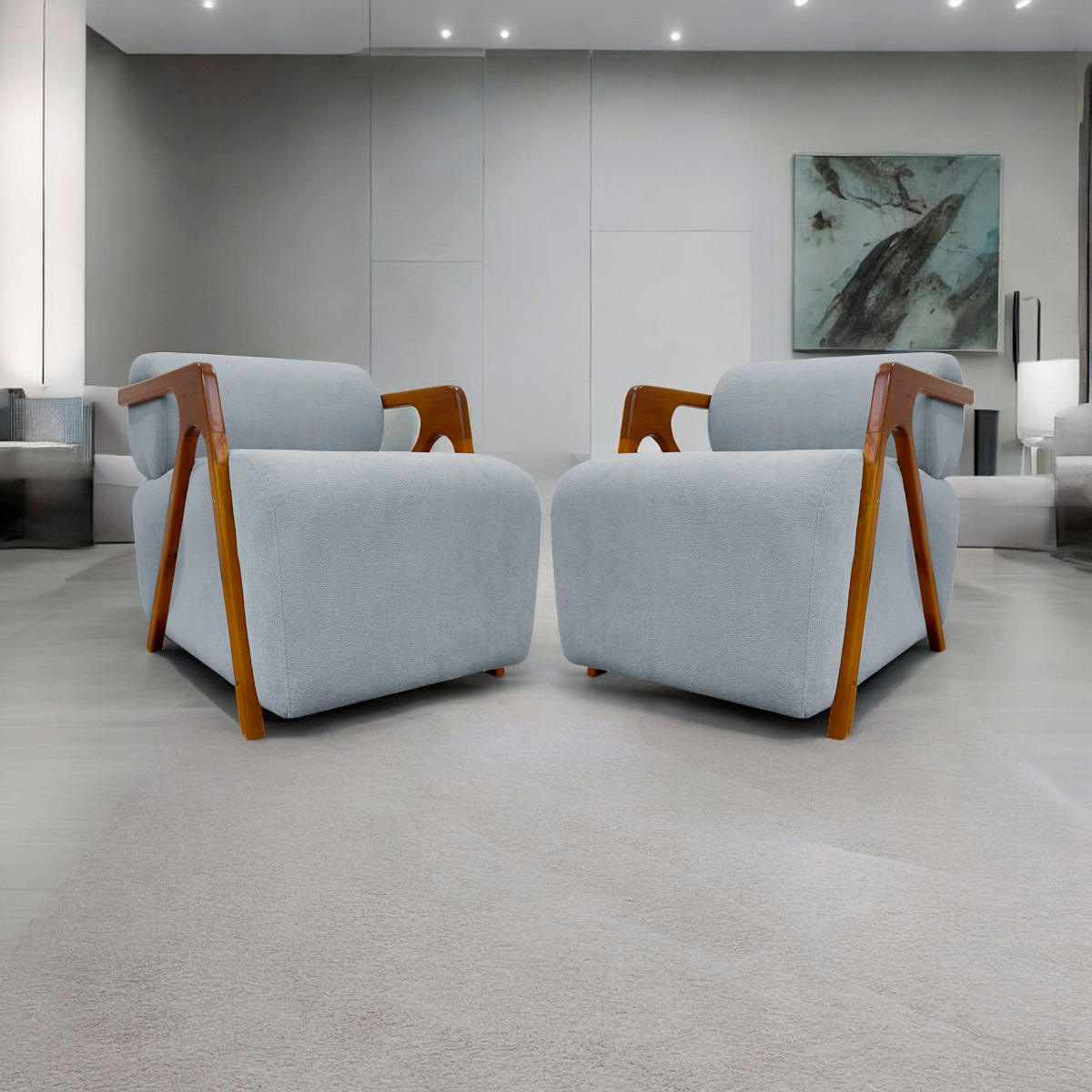 Kit 2 Poltronas Decorativas Para Sala Recepção Confortável Em Madeira Maciça Chloe Bouclé Premium Cinza